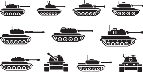Military Tank Silhouette Icon Set: Armored Vehicle Vectors © Vector 4 You
