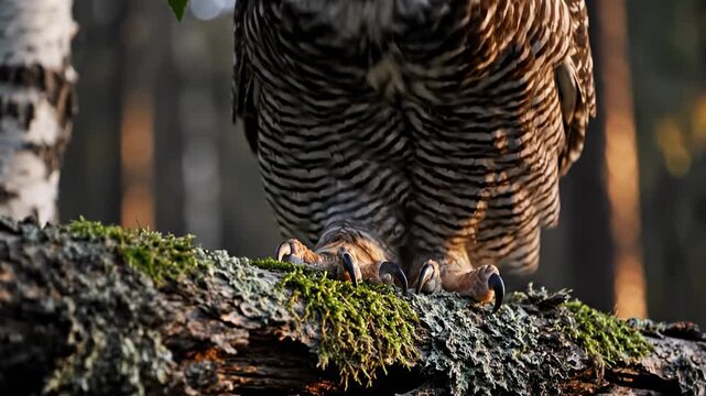 Majestic owl perched on a branch in a birch forest during golden hour.