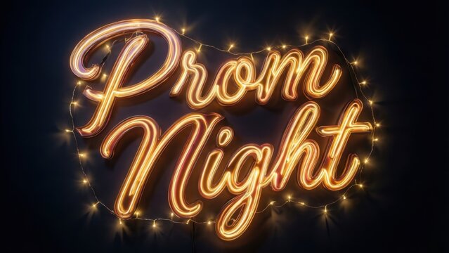 Prom night sign with glowing lights on dark background 
