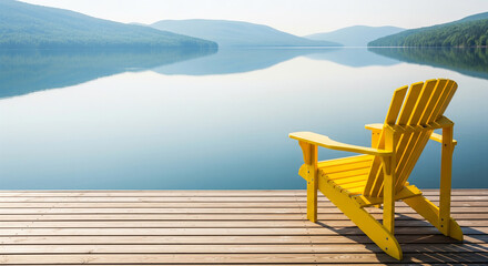 Fototapeta premium Bright yellow chair sitting on a scenic lake pier perfectly for summer holiday concepts and tranquil nature retreats