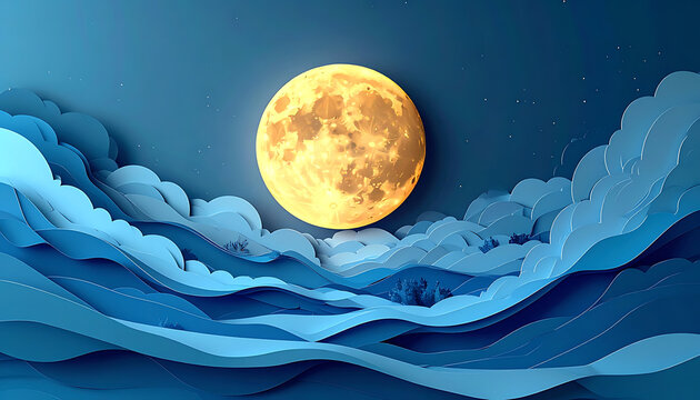 Pixelated full moon rising above layered paper cut clouds and night sky with sparkling stars, serene and magical atmosphere