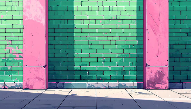 Pixelated green brick wall with pink columns and shadows, retro 8-bit style graphic, urban architectural background