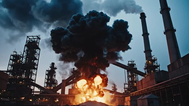 Industrial iron ore pellets at a manufacturing plant with a glowing sunset background.