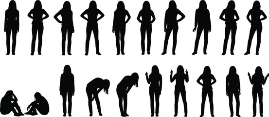 Set of female silhouette poses, standing walking sitting bending gestures, isolated black figures, fashion body language collection, vector style illustration © SreeMoti