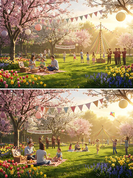 Family Enjoying a Sunny Spring Day in a Beautiful Cherry Blossom Park