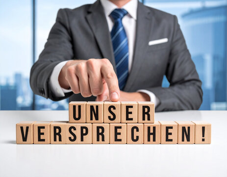Unser Versprechen! - Geschäftsmann zeigt auf den Text "Unser Versprechen!"