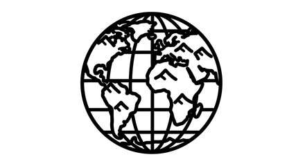 Obraz premium Minimalist black line art globe icon with continents and grid. World map symbol for global business, communication, travel, and technology.