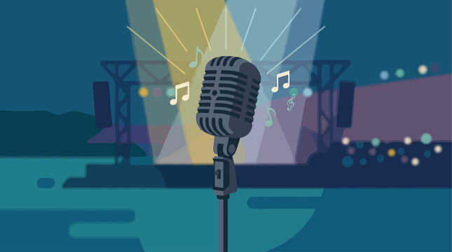 A minimalist flat design illustration featuring a vintage microphone, symbolizing the start of a performance at the Montreux Jazz Festival. 