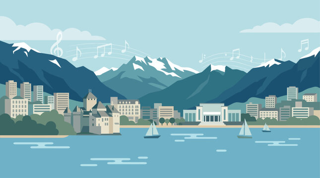 This flat design illustration presents a serene Montreux city skyline, including Chillon Castle, with Lake Geneva and the Alps, subtly enhanced by abstract jazz notes. 