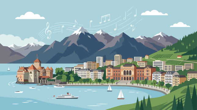 This flat design illustration presents a serene Montreux city skyline, including Chillon Castle, with Lake Geneva and the Alps, subtly enhanced by abstract jazz notes. 