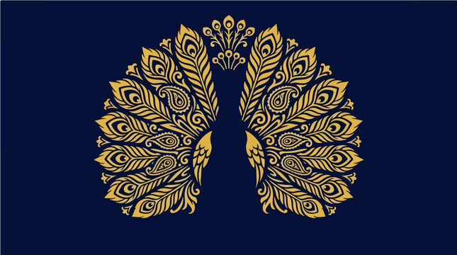 Elegant golden peacock silhouette with intricate feather patterns on a dark blue background.