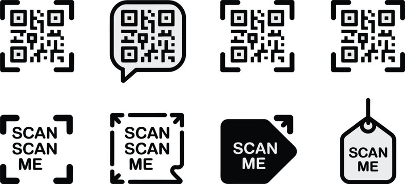 QR code design set vector illustration with scan me frames for smartphone mobile app payment discounts and quick response technology