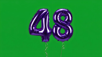 Fototapeta premium Shiny purple number 48 balloons floating against a vibrant green background, perfect for celebrations.