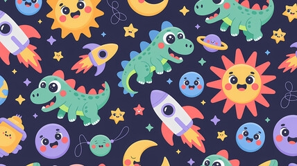 Naklejka premium A cute seamless pattern illustration featuring adorable cartoon dinosaurs floating through a dark bl