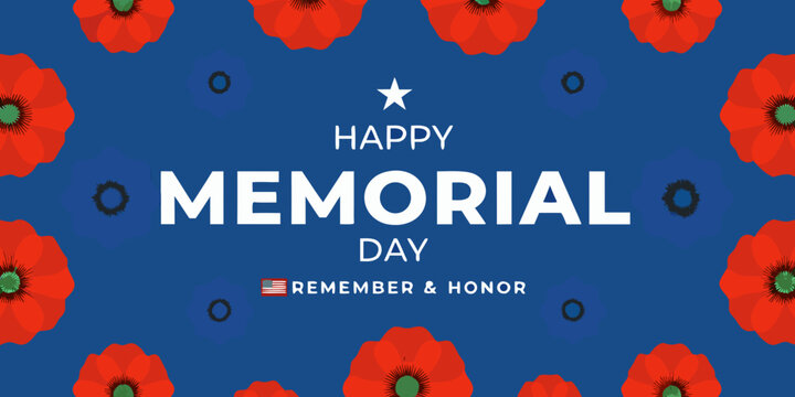 Memorial day vector illustration with red poppies and american flag