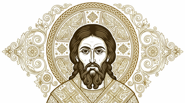 Icon of Jesus Christ with ornate golden halo and decorative patterns.