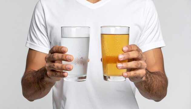 Person in white shirt holds two glasses, one clean water, one murky liquid