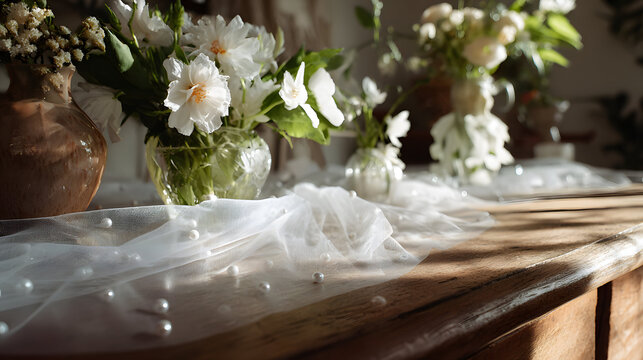 White tulle table runner with pearl embellishments and floral centerpieces on wooden table