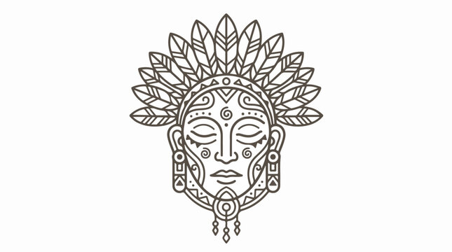 Tribal ethnic shaman mask with feathers in line art style.