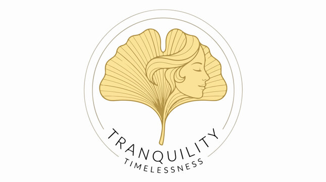 Tranquility Timelessness logo featuring a woman face merged with a ginkgo biloba leaf.