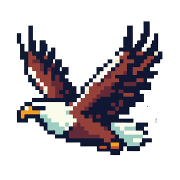 Majestic pixel art eagle in dynamic flight, a classic 8-bit retro style illustration. Perfect for vintage game assets, nostalgic design, or digital art projects