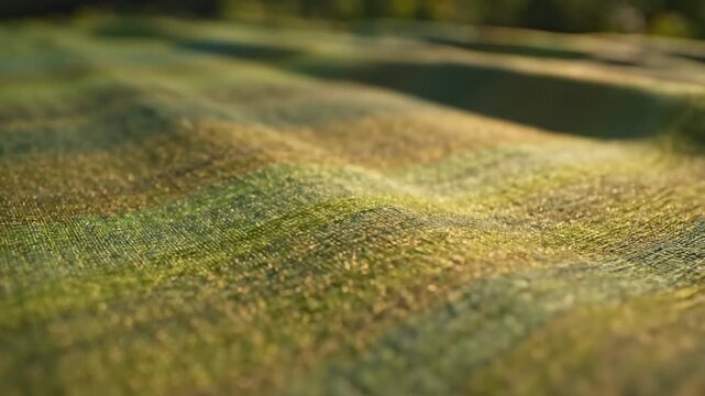 Close up view of a textured green and yellow woven fabric background with soft sunlight.