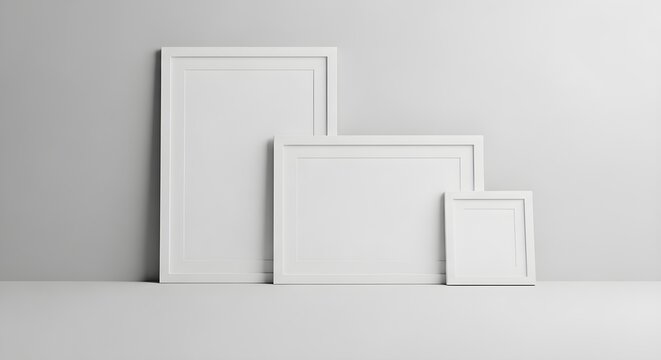 Set of three empty white picture frames of different sizes leaning against a light grey wall, minimalist interior decor mockup