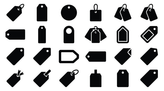 Black Price Tags and Labels on White Background