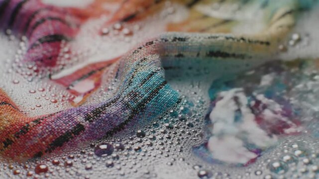 Close up of colorful fabric being washed with soapy water and detergent bubbles.