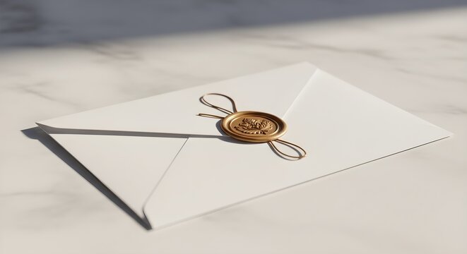 White envelope with a golden wax seal on a marble surface