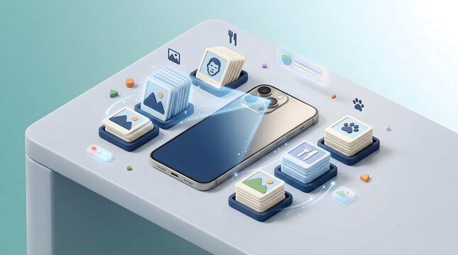 Futuristic Isometric Concept of Smart Mobile Vision with Smartphone Camera Scanning Lifestyle Icons, Data Classification, and Digital Photo Album for AI Innovation