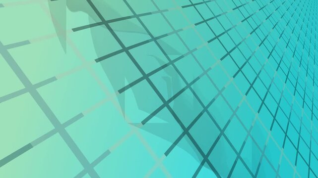Modern abstract motion background with intersecting geometric lines and soft blue green gradient.