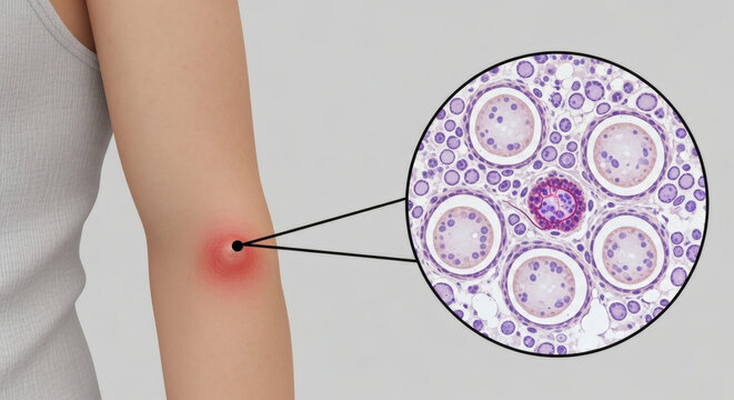 Microscopic view of skin parasite infection on a human arm