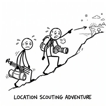 Exhausted stick figure photographers hiking up steep hill with heavy gear, funny location scouting sketch