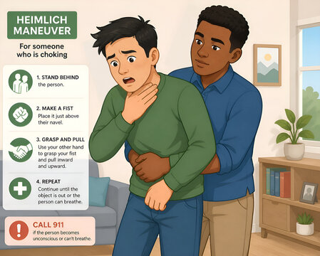 First Aid Illustration infographic of Heimlich Maneuver for Choking Emergency Indoors
