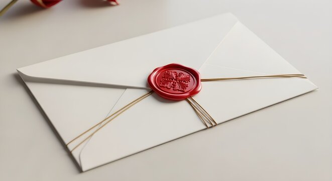 Closed white envelope with red wax seal and gold string