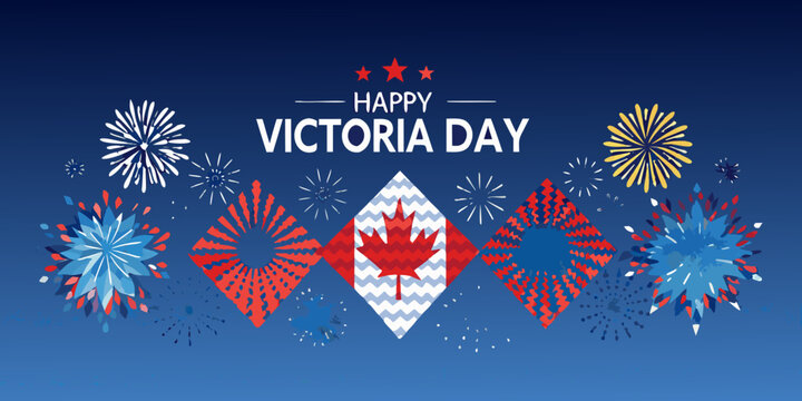 Victoria day celebration with fireworks and canadian maple leaf illustration