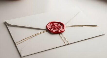 A white envelope sealed with a classic red wax seal and tied with delicate gold strings