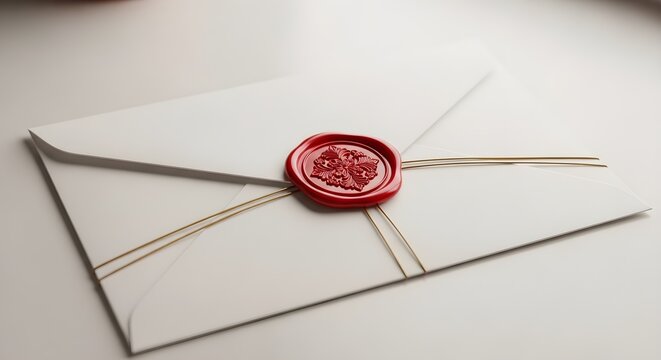 A white envelope sealed with a classic red wax seal and tied with delicate gold strings