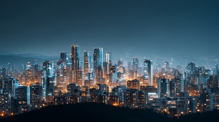 Obraz premium Dramatic night skyline of a modern city showcasing bright lights and skyscrapers.