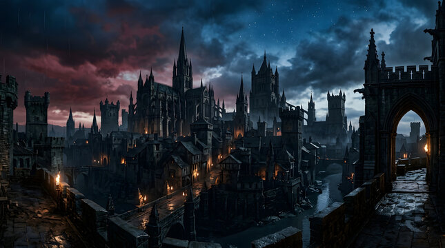 Atmospheric gothic medieval city at night with majestic cathedral