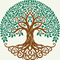 Obraz premium Circular Tree of Life with Intricate Roots and Green Foliage.