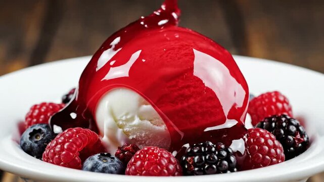4K culinary macro shot cherry syrup poured over vanilla ice cream with fresh wild berries.