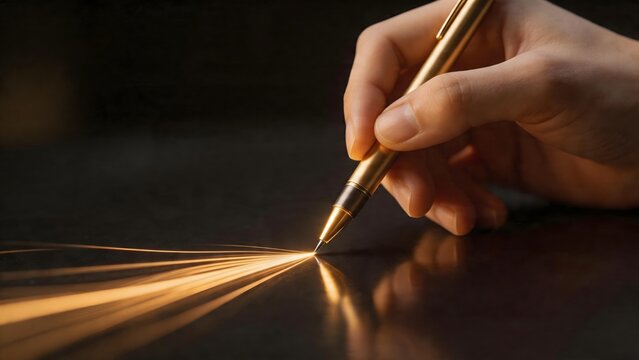 Hand holding golden pen with light rays