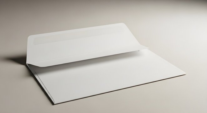 Blank white dl envelope mockup with open flap, high angle view, professional stationery design template for corporate branding and business correspondence