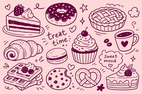 Dessert treats set pink doodle pattern vector