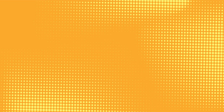 Yellow halftone pattern. Retro comic gradient background. Bright orange pixelated dotted texture overlay. Cartoon pop art faded gradient pattern.
