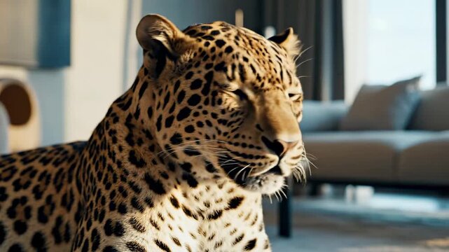 A majestic leopard with blue eyes resting in a modern luxury living room interior.