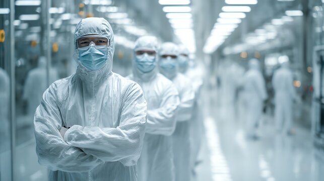 A group of scientists in protective suits and masks stands confidently in a cleanroom environment, showcasing advanced technology and commitment to safety in research and developme