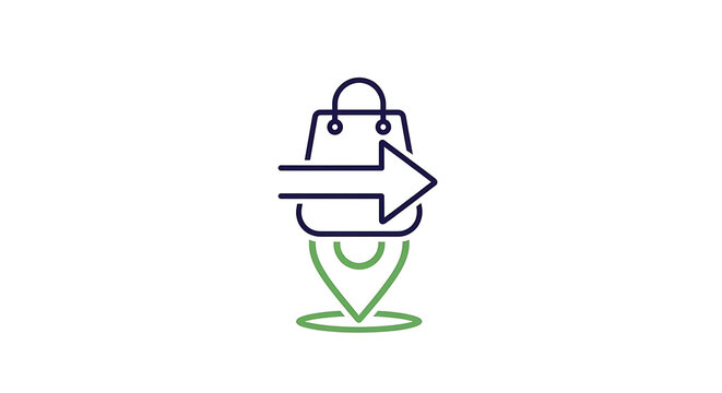 Shopping bag placed on a map marker with an arrow indicating movement, representing delivery or pickup services